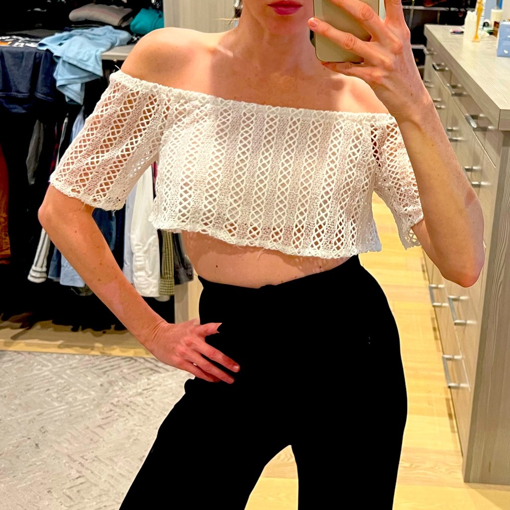 White off the shoulder lace crop top